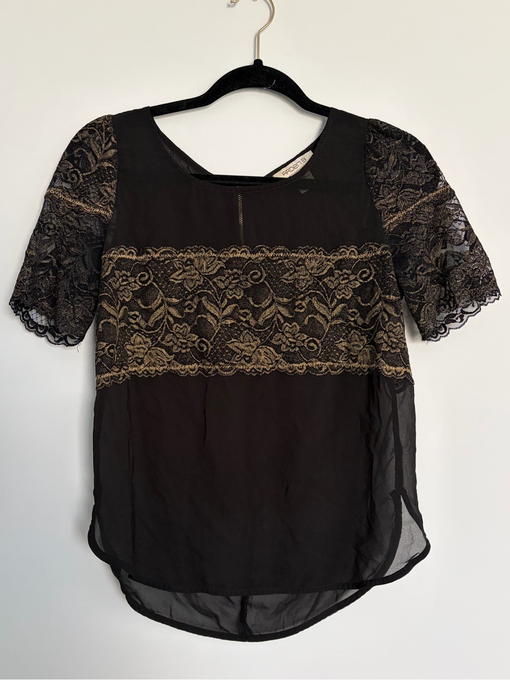 Arden B Black Gold Lace Blouse XS Sheer Floral Y2K Top